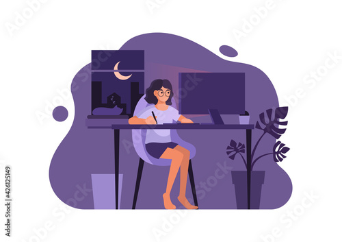 Woman in casual dress working on computer at night in her residence, vector illustration