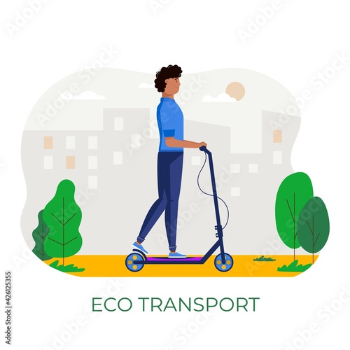 Young men walking and drive eco city transportation in public park. Personal electric transport, green electro scooter. Ecological vehicle isolated on white