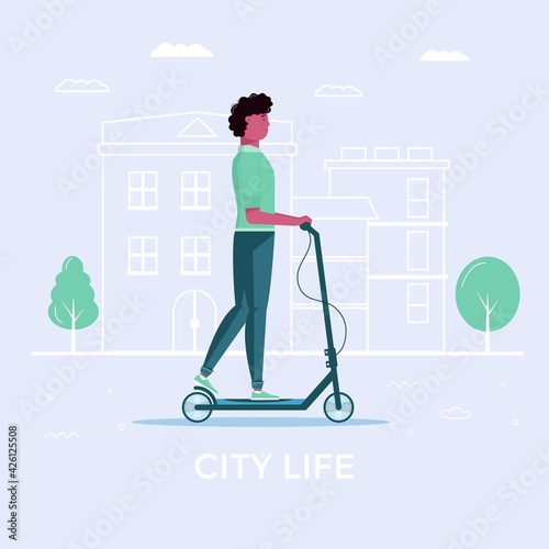 Young men  drive scooter, eco city transportation in public park. Personal electric transport, green electro scooter. Ecological vehicle, city life concept