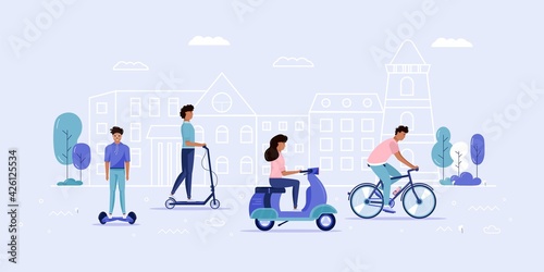 Men and women drive eco city transportation in public park. Personal electric transport, green electro scooter, hoverboard, gyroscooter, unicycle and bike. Ecological vehicle, city life concept