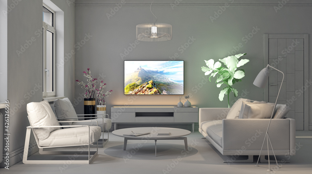 Illustration 3D rendering large luxury modern bright interiors Living room mockup computer digitally generated image Illustration 3D rendering large luxury modern bright interiors Living room mockup computer digitally generated image