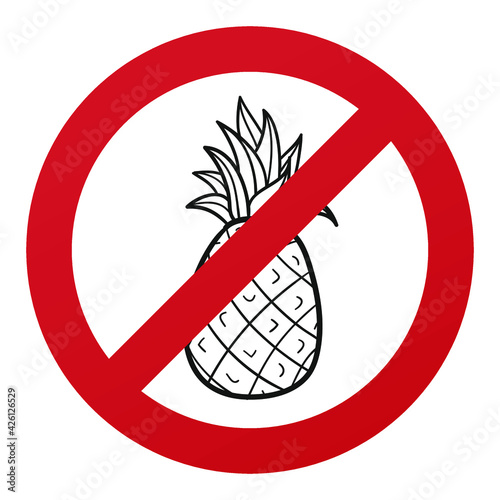 No Pineapple Symbol Isolated on White Background. Allergy Food Vector Illustration Prohibition Stop Sign.