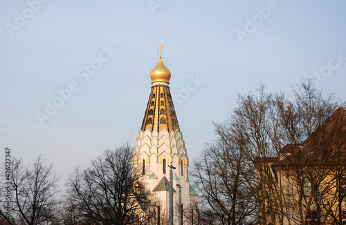 Leipzig, Germany the golden cross on the tower of the russian orthodox church photo