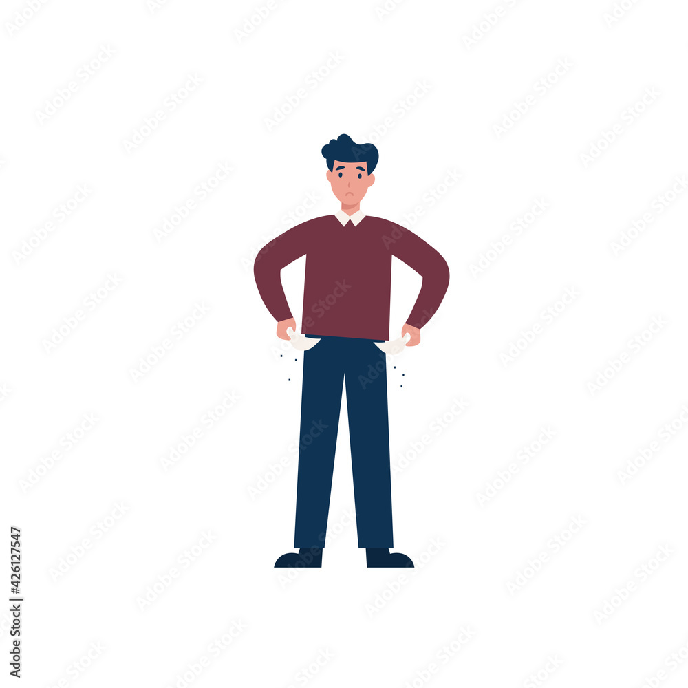 Man has no money. Male showing his empty pockets. Flat vector cartoon modern illustration. Man has no money. Male showing his empty pockets. Flat vector cartoon modern illustration.