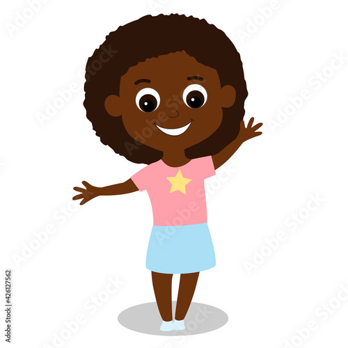 Little adorable African or African American girl smiles and waves her hand. The child has brown hair and eyes, the girl is wearing a shirt and skirt. Vector illustration isolated on white background.