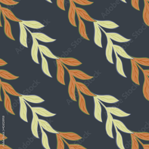 Decorative nature seamless pattern with orange colored branches leaves shapes. Navy blue background.