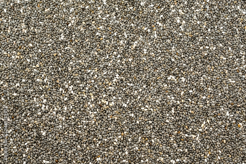 Chia seeds top view. Uncooked dry chia seeds background. Chia seeds top view. Uncooked dry chia seeds background.