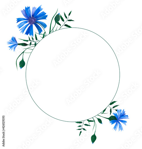 Watercolor round frame with cornflowers