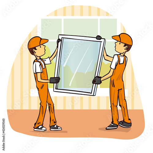 Plastic windows installation composition with two mens a setting windows at the apartment vector illustration