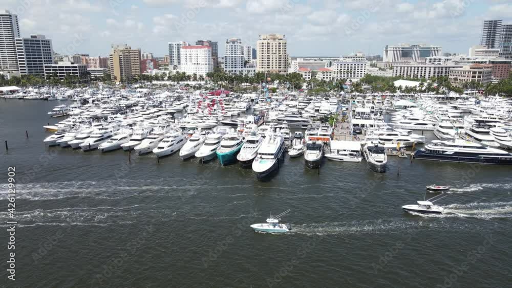 Drone aerial of the amazing downtown Palm Beach, Florida. Luxury yachts