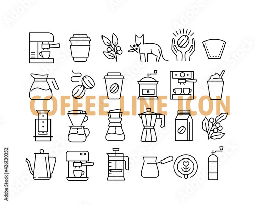 Coffee line icons. Beans, espresso and maker machine. Roasted fresh. Outline set. 