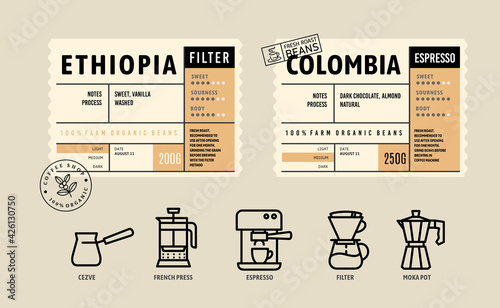 Coffee package with text and line icons. Paper packaging label. Design template.