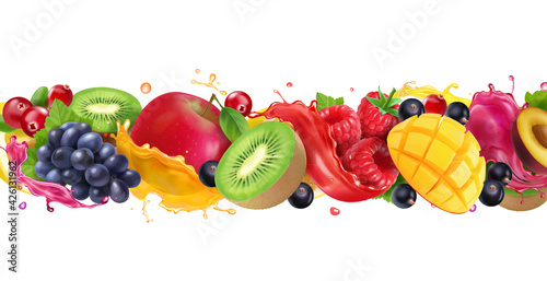 Multy fruit mix juice splash. Splashing of sweet tropical fruits and berries. Realistic vector icon