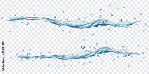 Translucent water jets with drops in gray colors, isolated on transparent background. Transparency only in vector file