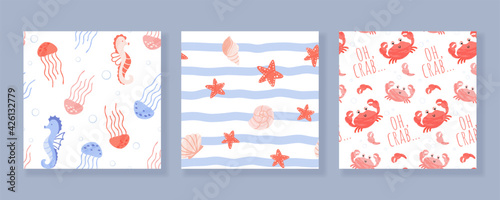 Set of seamless patterns with sea and ocean animals and shells. Vector cartoon illustration