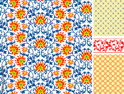 Chinese pattern set with lotus flowers. National ornamental motives in traditional style. Seamless vector illustration. Botanical picture.