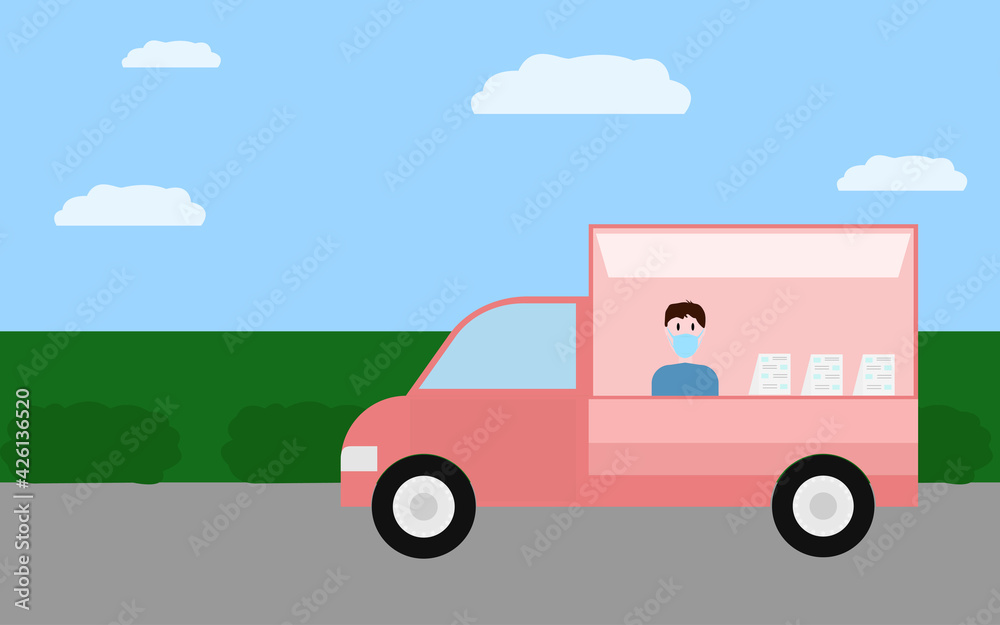red food truck with chef wearing mask on the street under blue sky and grass red food truck with chef wearing mask on the street under blue sky and grass