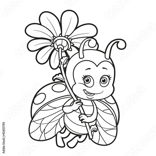 Cute cartoon ladybug fly with big flower outlined for coloring page isolated on white background