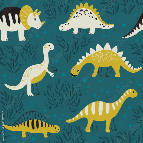 Different dinosaurs on a dark background - Seamless pattern. Vector Background for fabric  textile  posters  gift wrapping paper. Print for kids  baby  children