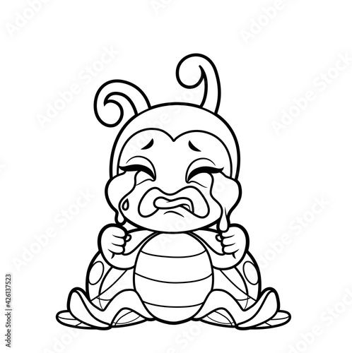 Cute cartoon little ladybug sitting on the floor and crying sobbing outline for coloring page isolated on white background