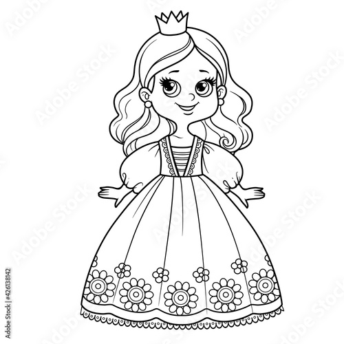 Cute cartoon princess girl in lush ball gown and little crown outline for coloring on a white background