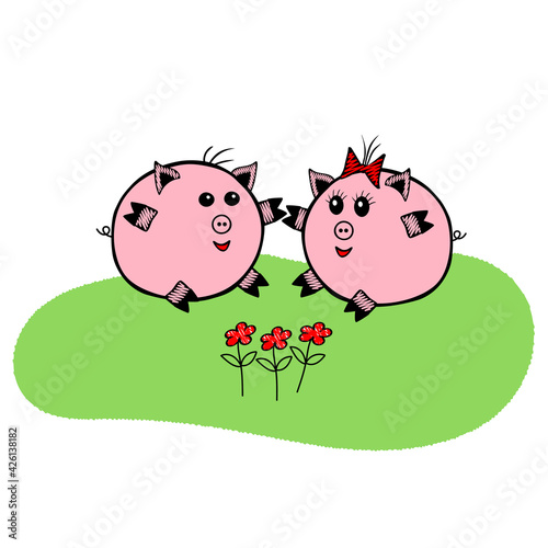 Pair of a Pink Vector fat pigs girl and boy sitting on green grass with red flowers on a white background