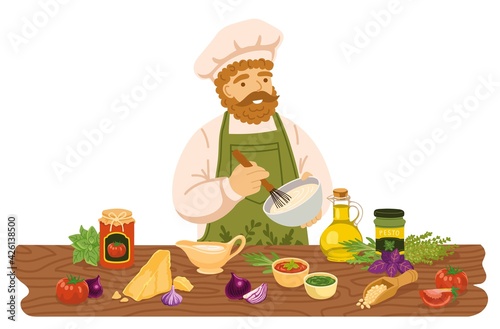 Chef in apron mixing ingredients preparing sauce at kitchen table. Homemade dressings. Pesto, bolognese, béchamel, tomato sauce. Vector cartoon illustration.