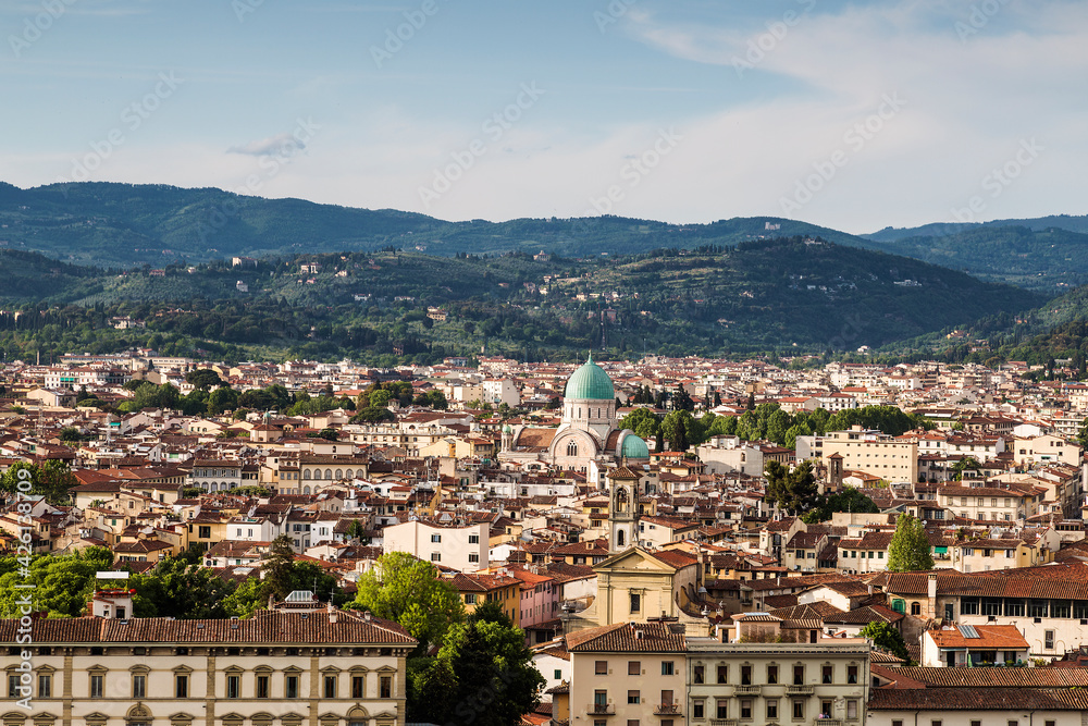 Panorama of Florence with a view of the Great Synagogue in the center. Italy