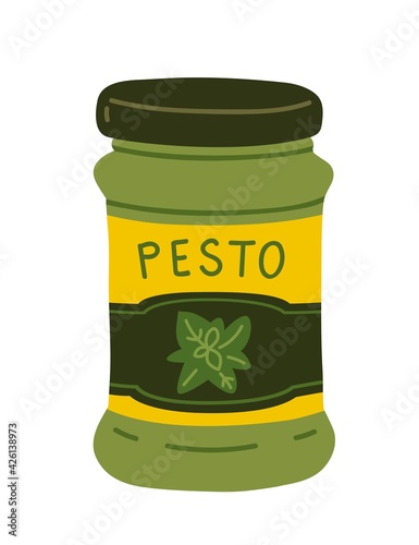Pesto sauce glass jar. Classic italian green dressing with basil leaves on label. Simple hand-drawn vector illustration, isolated on white background.