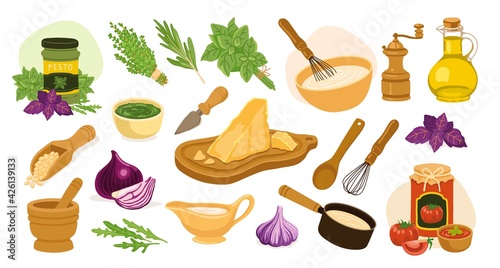 Set of cooking italian food hand-drawn elements. Cooking recipe icons. Spices, herbs, condiments, ingredients. Parmesan pesto sauce, tomato, onion, garlic, basil. Hand-drawn vector illustration.