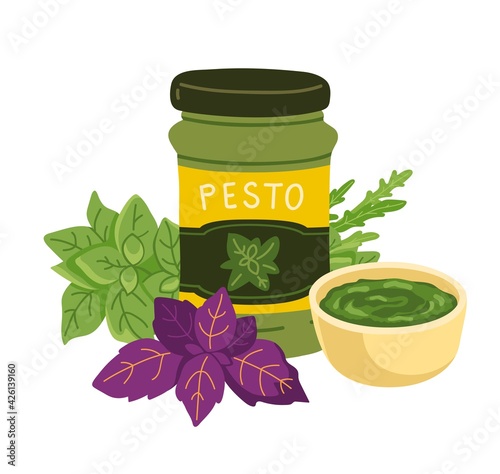 Pesto sauce glass jar with wild basil sprig and other herbs. Classic italian green dressing in the bowl. Simple hand-drawn vector illustration, isolated on white background.