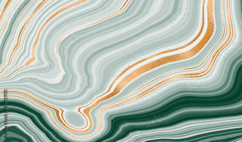 Gold marble design green. A beautiful combination of marine marble and gold, beautiful streaks and veins.