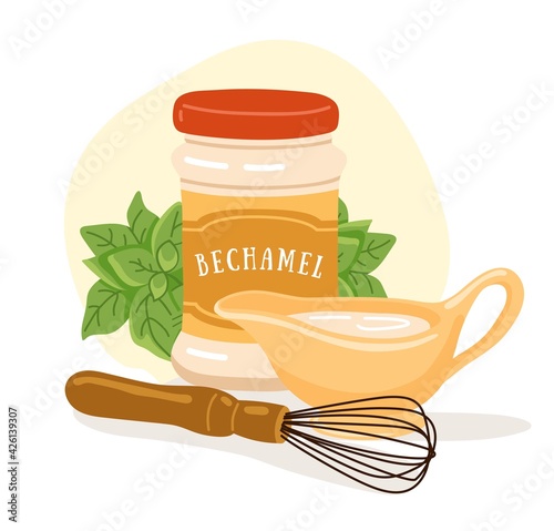 Canned white sauce, bechamel in gravy boat, whisk and green basil sprig. Cooking recipe icon. Simple hand-drawn illustration, isolated on white background.