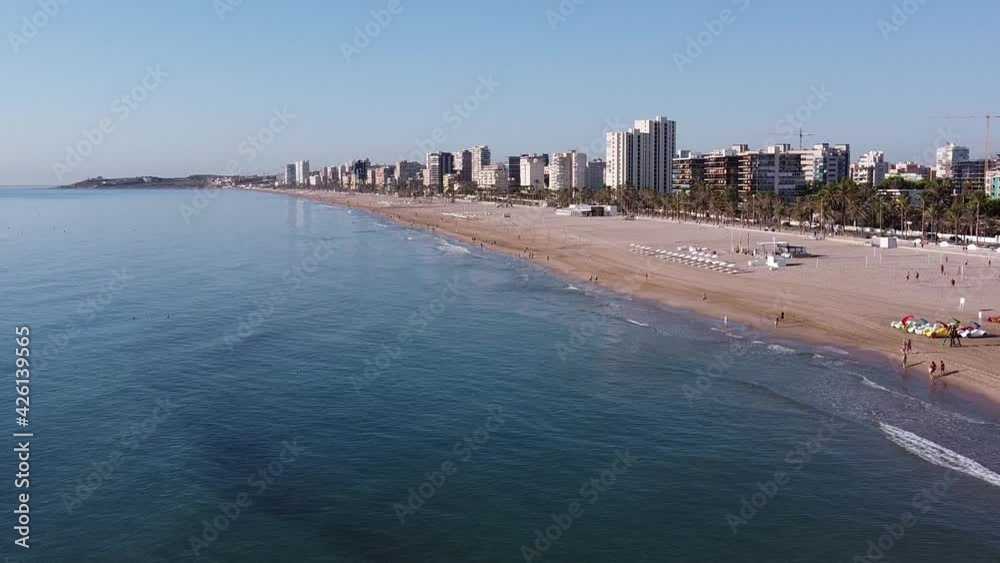 Flying backwards from the beautiful San Juan Beach, in Alicante, Spain. Flying backwards from the beautiful San Juan Beach, in Alicante, Spain.