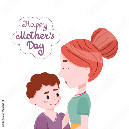 Mom With Little Son And Lettering Happy Mothers Day Cartoon Cute Vector Illustration.