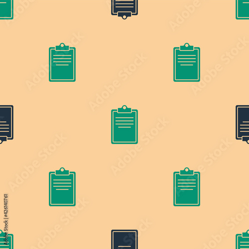 Green and black Clipboard with checklist icon isolated seamless pattern on beige background. Control list symbol. Survey poll or questionnaire feedback form. Vector
