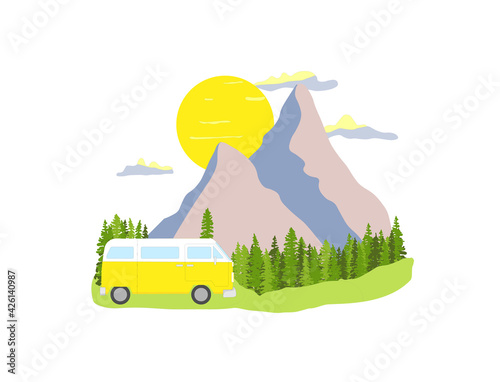 Yellow retro camper van with forest and mountains in the background. Living van life, camping in the nature, travelling. Light colors Illustration. 