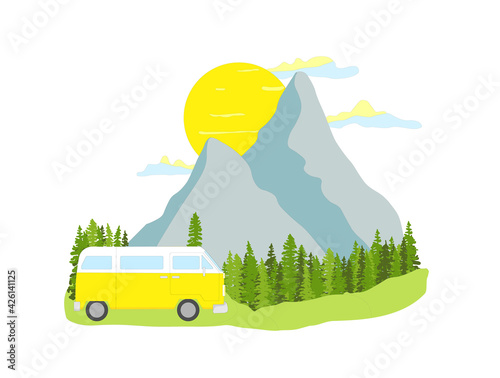 Yellow retro camper van with forest and mountains in the background. Living van life, camping in the nature, travelling. Light colors Illustration. 