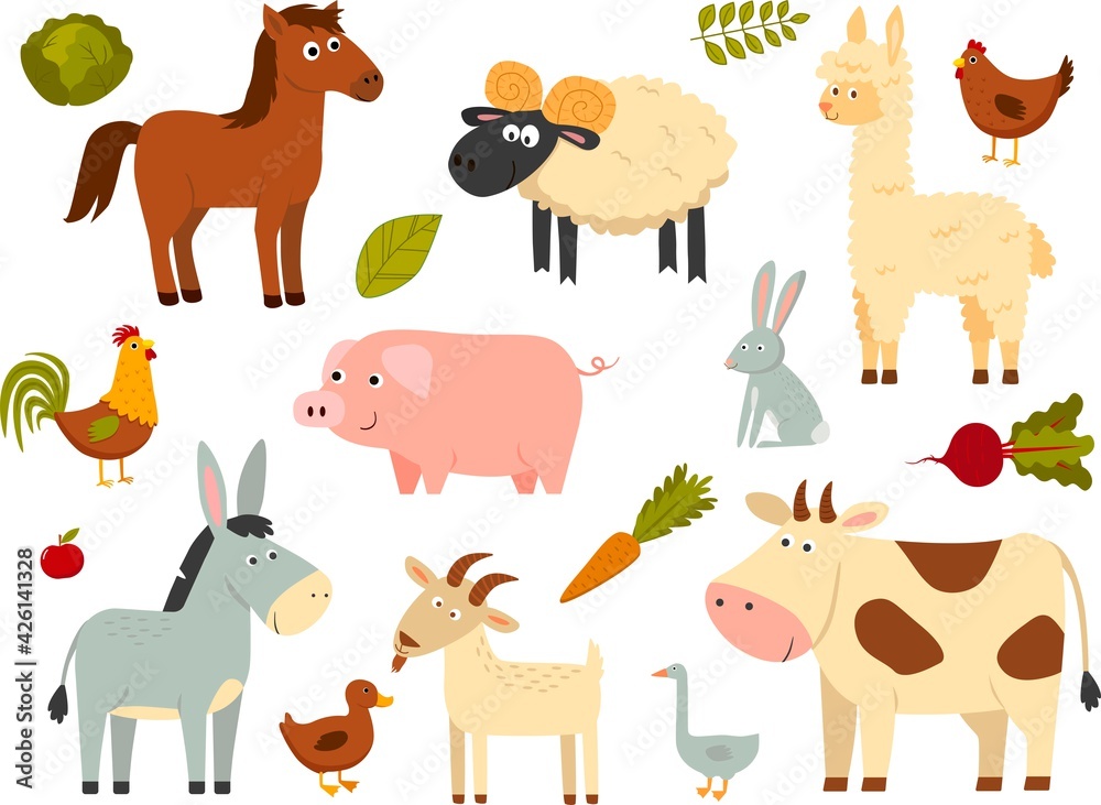 Farm animals set in flat style isolated on white background. Vector illustration. Cute cartoon animals collection: sheep, goat, cow, donkey, horse, pig, duck, goose, chicken, hen, rooster, rabbit Farm animals set in flat style isolated on white background. Vector illustration. Cute cartoon animals collection: sheep, goat, cow, donkey, horse, pig, duck, goose, chicken, hen, rooster, rabbit