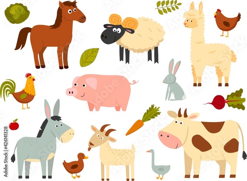Farm animals set in flat style isolated on white background. Vector illustration. Cute cartoon animals collection: sheep, goat, cow, donkey, horse, pig, duck, goose, chicken, hen, rooster, rabbit © Irina