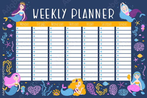 Mermaid planner for a week. Vector illustrations of cute fantastic girls characters in a simple hand-drawn cartoon style surrounded by marine life, corals, seashells, algae. Colorful palette.