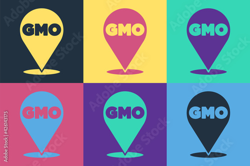 Pop art GMO icon isolated on color background. Genetically modified organism acronym. Dna food modification. Vector