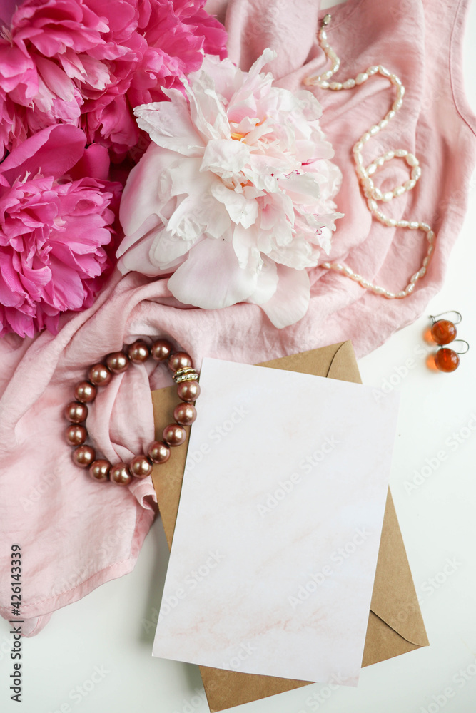 mockup greeting card. bouquet of pink peonies mockup greeting card. bouquet of pink peonies