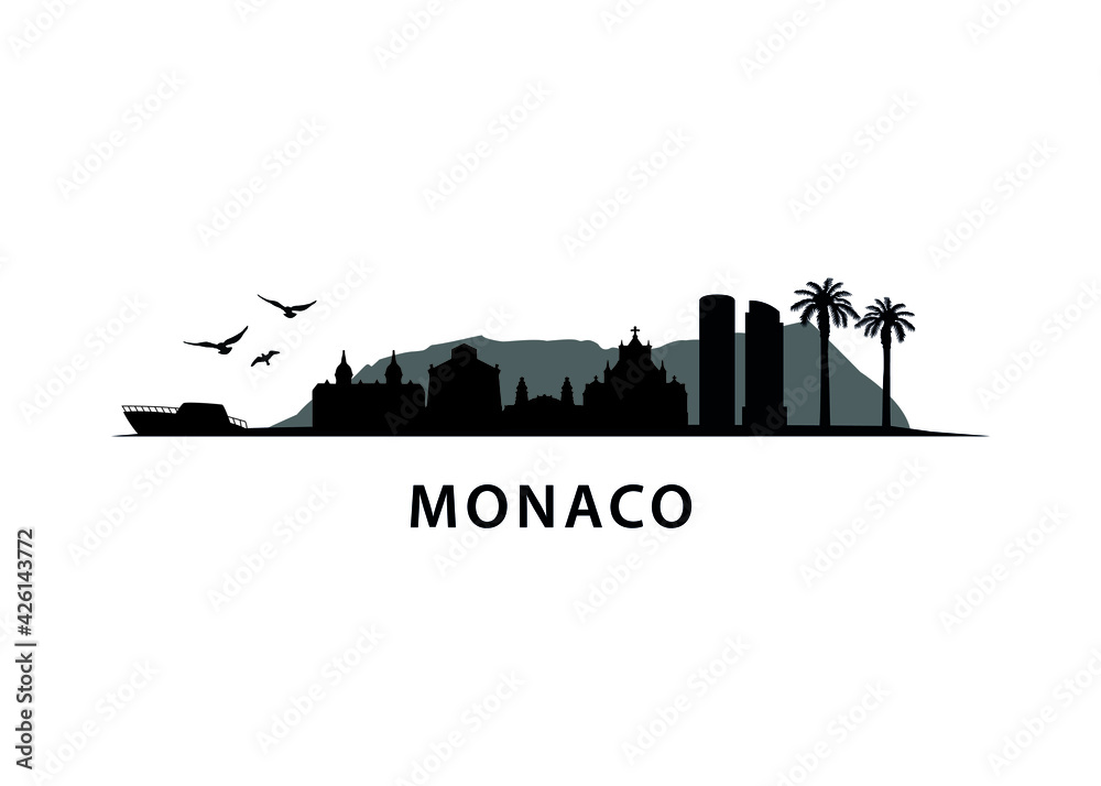 Monaco Skyline Silhouette City Vector Design Art | Urban Landscape | France, Palms, Coast