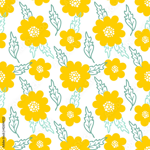 Seamless vector pattern with cute hand drawn yellow daisy with leaves isolated on white background. Abstract floral texture for wrapping paper, card, gift, fabric, textile, package, banner, wallpaper.
