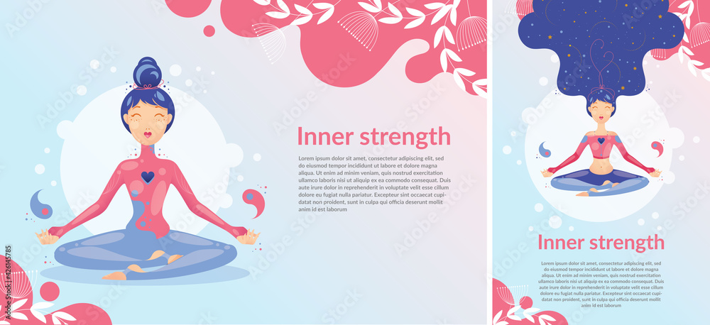 Szczęśliwa kobieta medytująca w pozycji lotosu w różowo niebieskim stroju na pastelowym tle. Projekt na zdrowy styl życia z jogą. Ilustracja wektorowa. - obrazy, fototapety, plakaty 