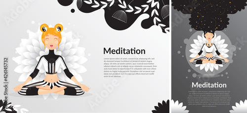 Szczęśliwa kobieta medytująca w pozycji lotosu w czarnym stroju na tle kwiatu. Projekt na zdrowy styl życia. z jogą. Ilustracja wektorowa.