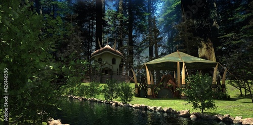 Fabulous elven houses surrounded by forest on the banks of the river. Beautiful fantasy summer landscape. Photorealistic 3D illustration. © Valeriy