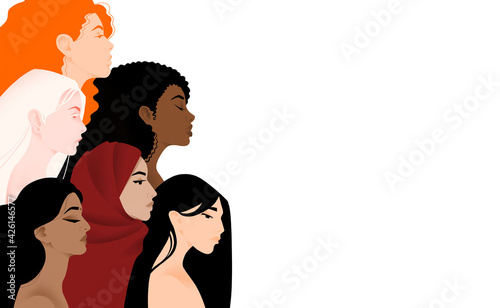multinational different women beauties, African, Asian, European, Arab, Indian, albino, brave and strong women support each other, female friendship. Struggle for rights, independence, equality.