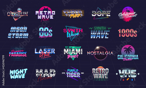 Vector Retro neon logo collection. Set of 20 colorful retro 80s logo templates. Prints for t-shirt, tee. Design for music cover, night club, summer party. Retrowave cover, banner, flyer template.